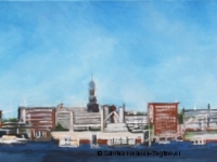 Panorama Bild vom Hamburger Hafen mit den Hamburger Türmen, klare Farben, Format: 120 x 40 cm